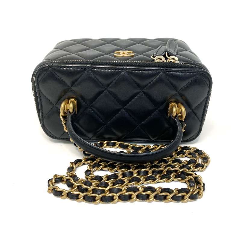 △ Chanel 香奈兒 Black Lambskin Gold-tone Metal Chain black Pink Handle Vanity Case 黑色羊皮金色金屬鏈條黑粉色手柄化妝箱 AP2199 - 247005194-5