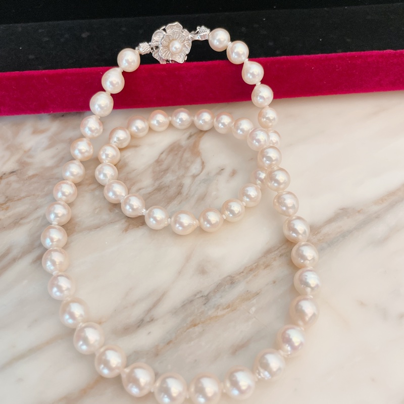 全新附鑑定書✨日本真品Akoya極品珍珠巴洛克極光珍珠帶粉紅皮光幾乎無瑕天然珍珠項鍊7-7.5mm-0