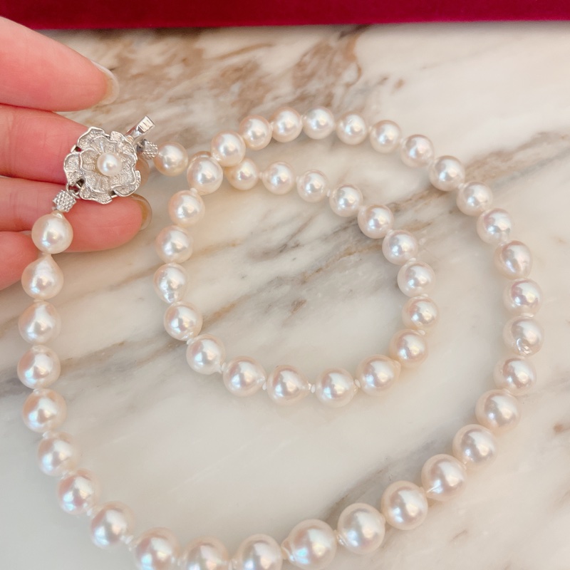 全新附鑑定書✨日本真品Akoya極品珍珠巴洛克極光珍珠帶粉紅皮光幾乎無瑕天然珍珠項鍊7-7.5mm-1