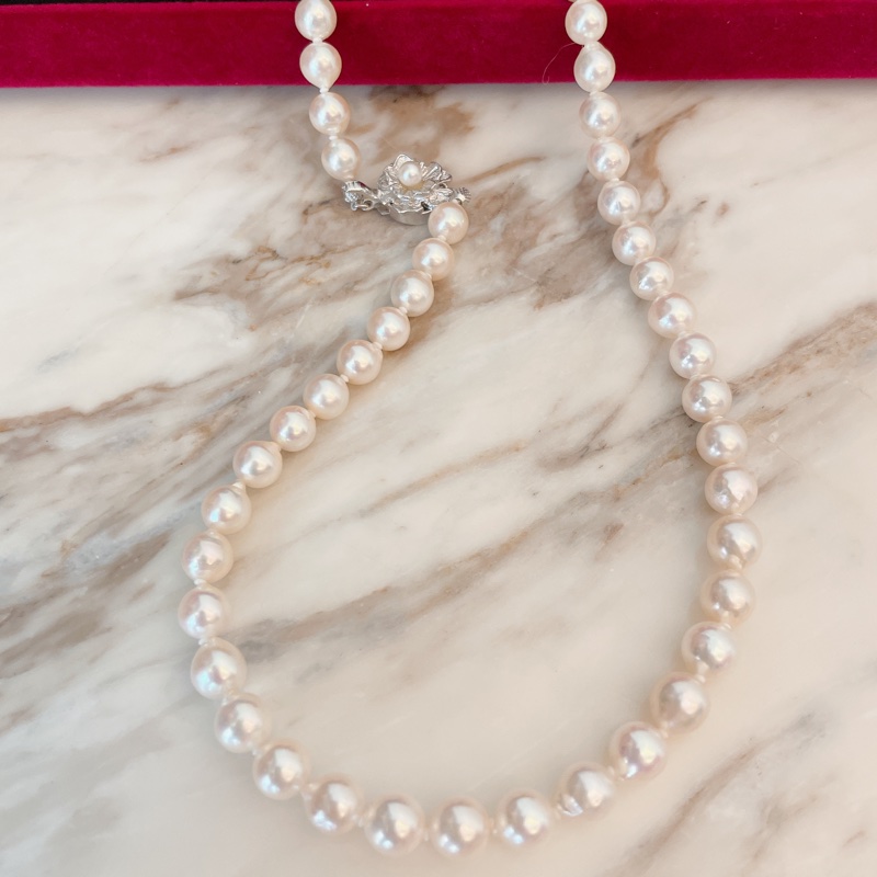 全新附鑑定書✨日本真品Akoya極品珍珠巴洛克極光珍珠帶粉紅皮光幾乎無瑕天然珍珠項鍊7-7.5mm-7