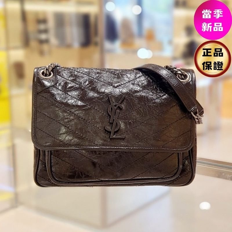 ✨2026季度全新✨Saint Laurent 633158 YSL 中款復古皺褶小牛皮 Niki 包 黑色銀鏈-0