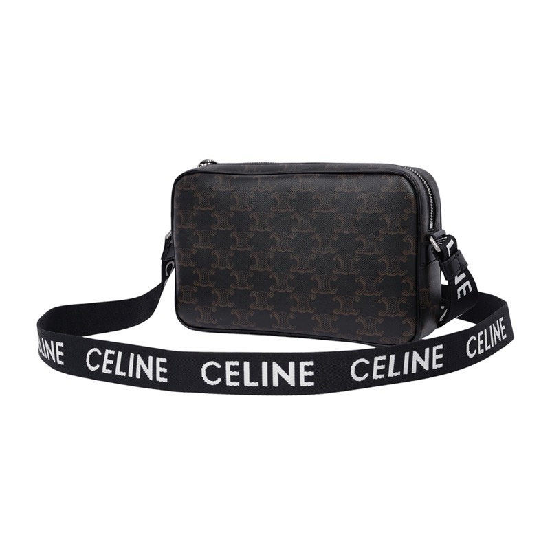 CELINE Triomphe 塗層帆布及牛皮中型郵差包(黑色)-6