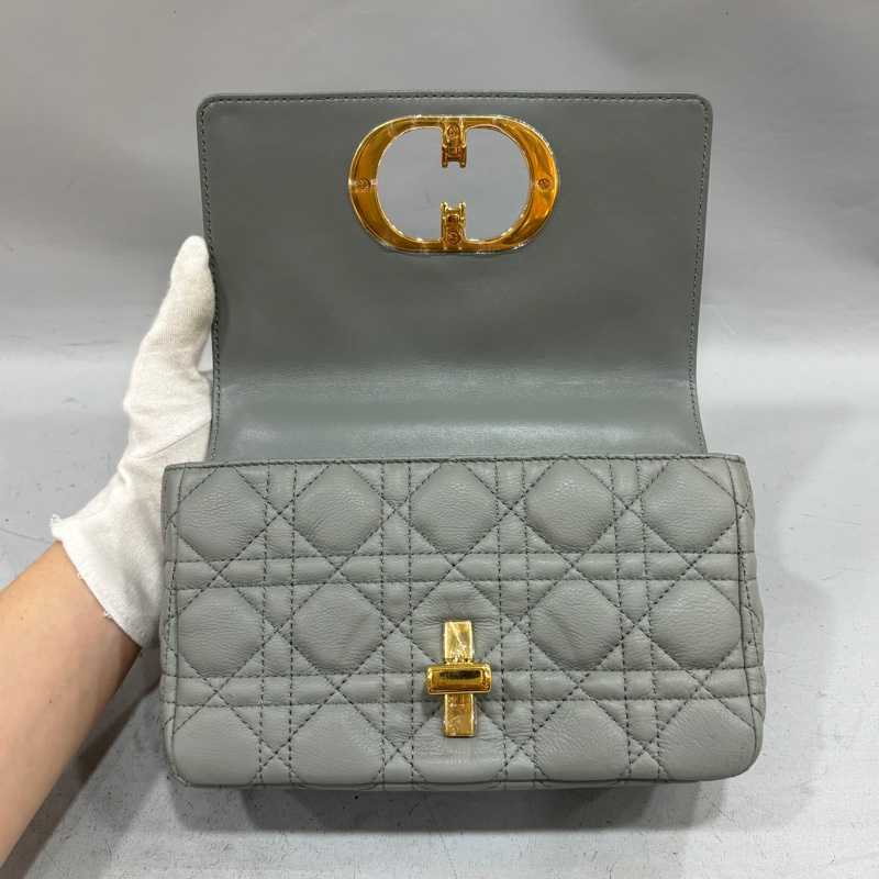 Dior 灰色小牛皮金鍊黛妃紋小號Caro肩背包 斜背包-15