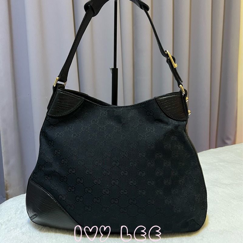 GUCCI 雪莉馬銜扣（已售出）GG 帆布皮革單肩包 腋下包 經典黑色 137388 二手精品-1