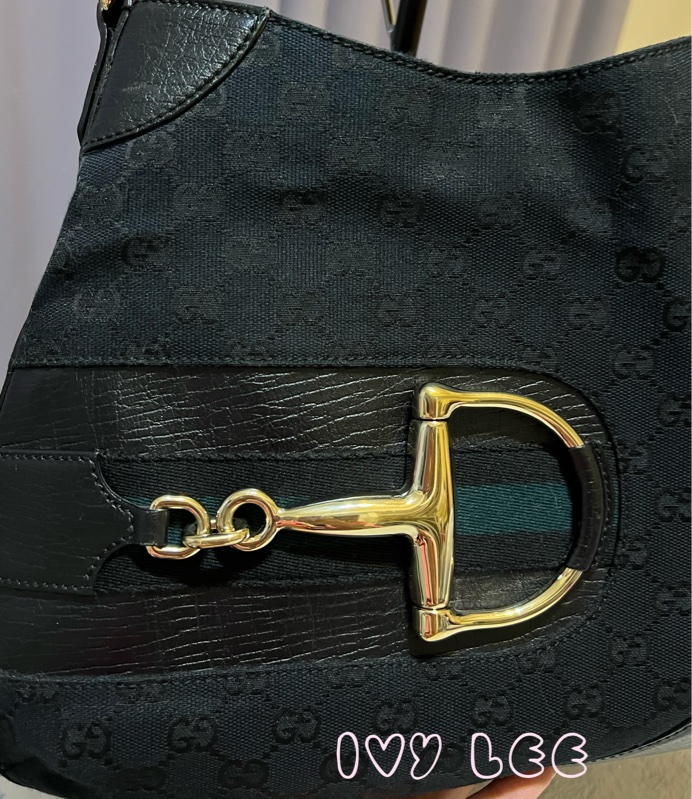 GUCCI 雪莉馬銜扣（已售出）GG 帆布皮革單肩包 腋下包 經典黑色 137388 二手精品-19