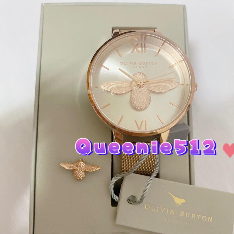 Olivia Burton Lucky Bee系列-白面立體蜜蜂玫瑰金米蘭帶腕錶(OB16AM161)-1