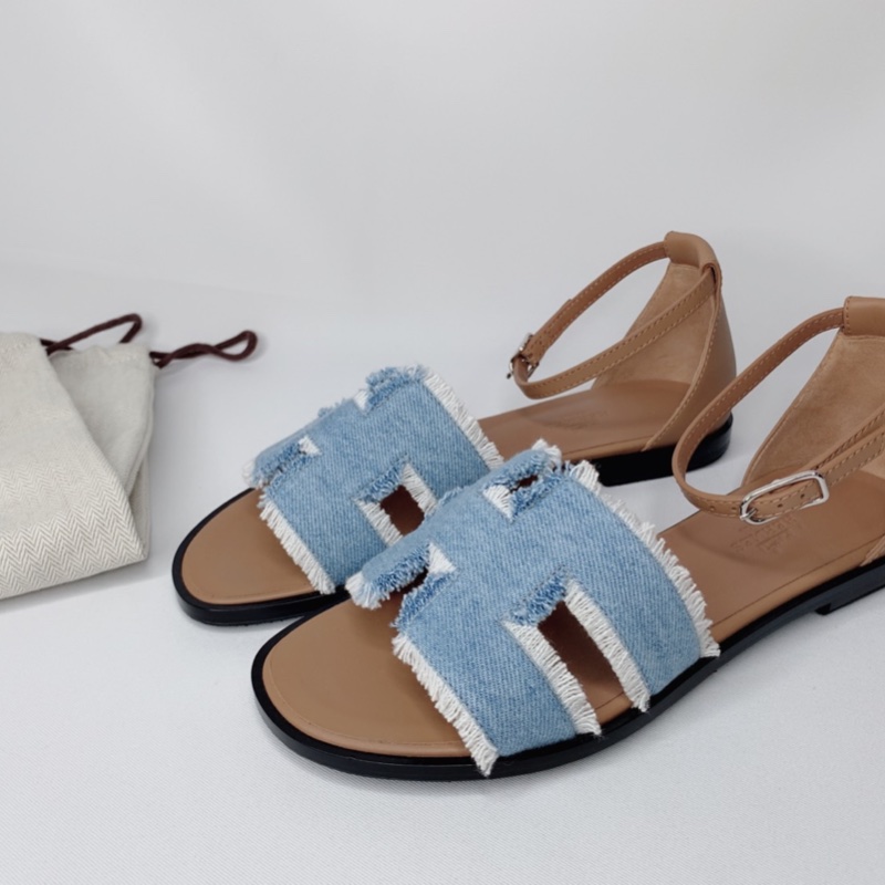 HERMES 全新Santorini淺藍牛仔布涼鞋-0