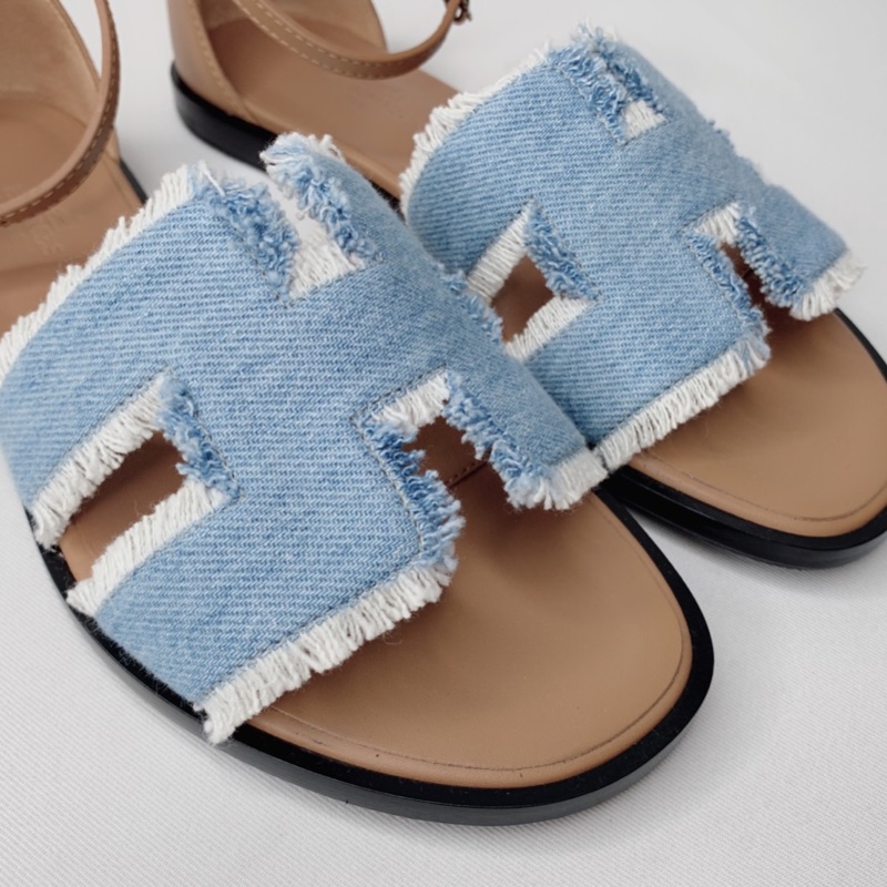 HERMES 全新Santorini淺藍牛仔布涼鞋-1