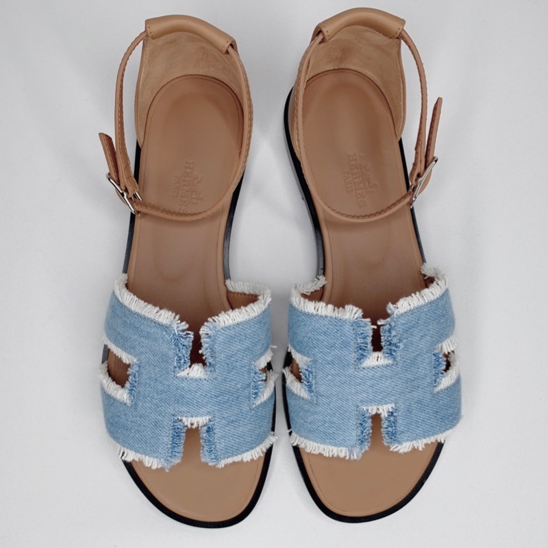 HERMES 全新Santorini淺藍牛仔布涼鞋-4