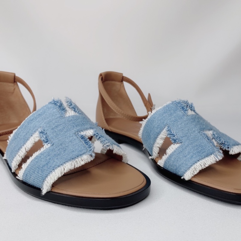HERMES 全新Santorini淺藍牛仔布涼鞋-7