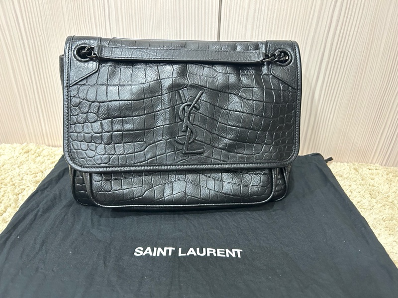 <極新> YSL niki so black 中號 黑色黑鏈皮壓紋 NIKI壓紋皮革中型手袋 #購證-0