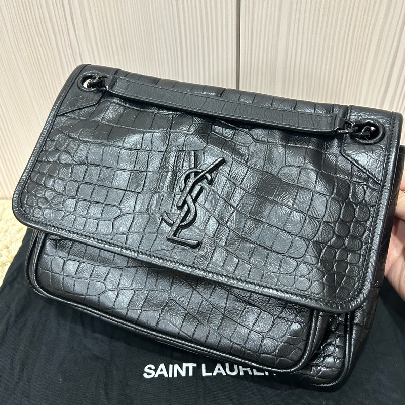 <極新> YSL niki so black 中號 黑色黑鏈皮壓紋 NIKI壓紋皮革中型手袋 #購證-1