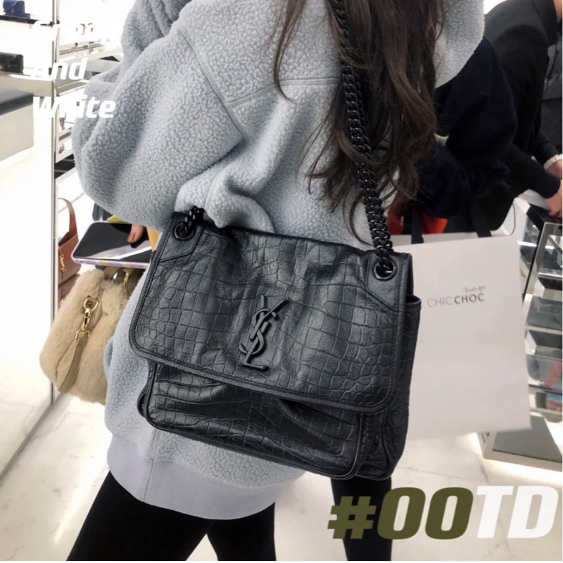 <極新> YSL niki so black 中號 黑色黑鏈皮壓紋 NIKI壓紋皮革中型手袋 #購證-22