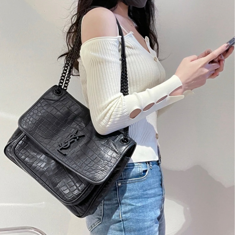 <極新> YSL niki so black 中號 黑色黑鏈皮壓紋 NIKI壓紋皮革中型手袋 #購證-23