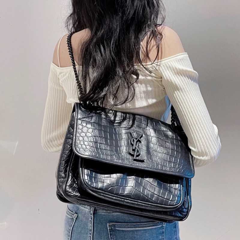 <極新> YSL niki so black 中號 黑色黑鏈皮壓紋 NIKI壓紋皮革中型手袋 #購證-24