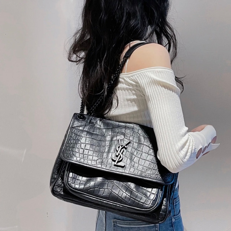 <極新> YSL niki so black 中號 黑色黑鏈皮壓紋 NIKI壓紋皮革中型手袋 #購證-25