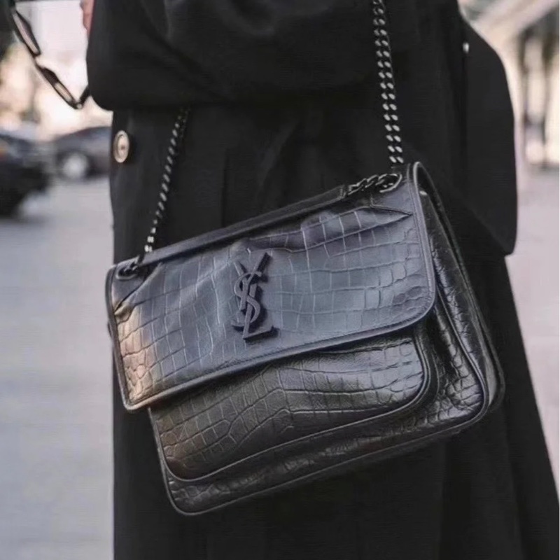 <極新> YSL niki so black 中號 黑色黑鏈皮壓紋 NIKI壓紋皮革中型手袋 #購證-26