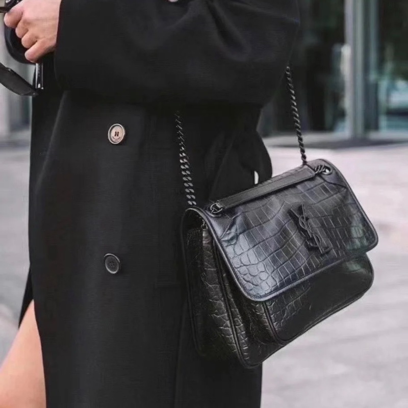 <極新> YSL niki so black 中號 黑色黑鏈皮壓紋 NIKI壓紋皮革中型手袋 #購證-27