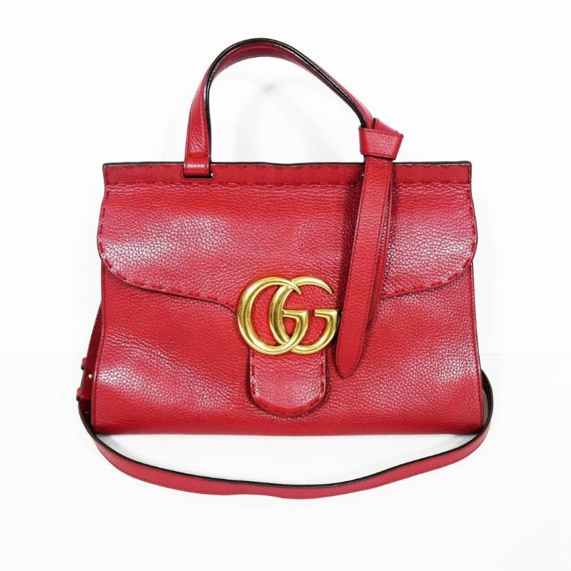 Gucci GG Marmont Top Handle Bag 古馳紅色荔枝紋牛皮馬蒙手提包-1
