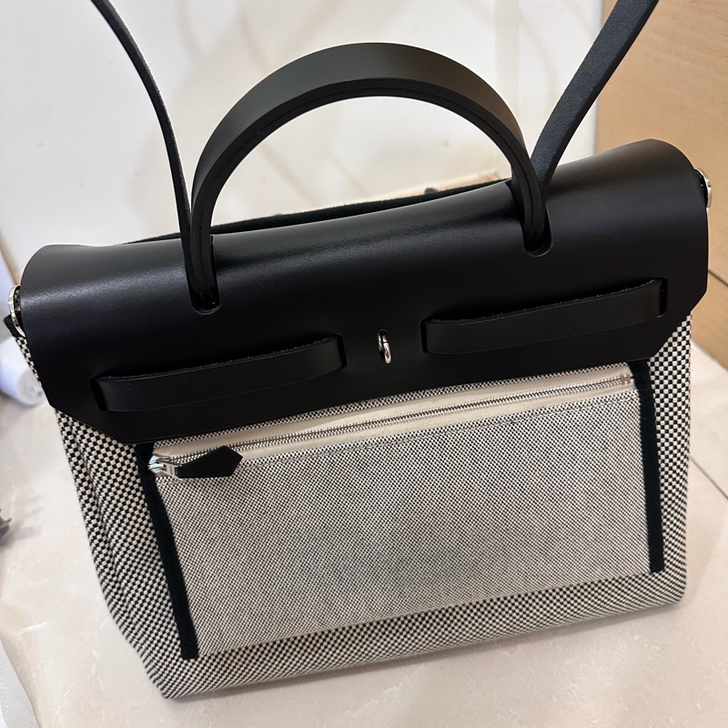 Hermes 愛馬仕 Herbag 31 帆布拼牛皮 特殊編織款 熊貓配色-9