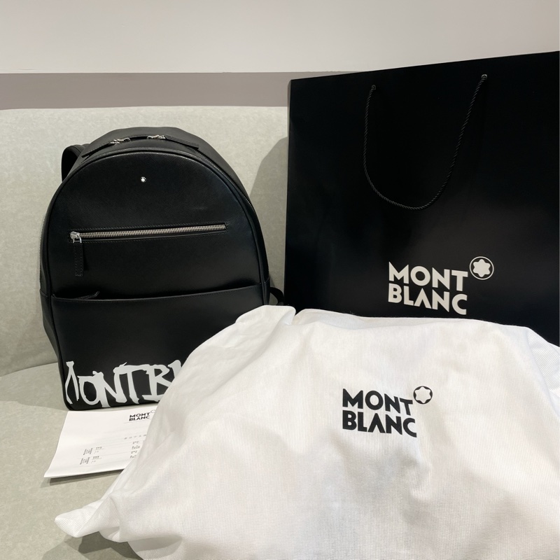 萬寶龍 Montblanc 全牛皮 後背包 電腦包 黑色塗鴉-10