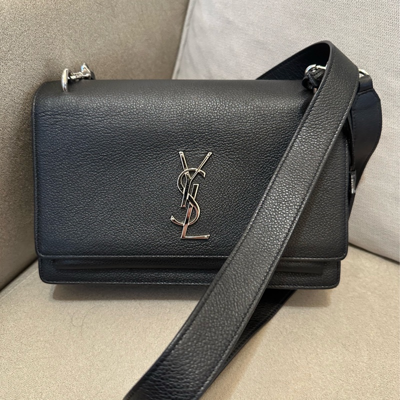 YSL SUNSET MEDIUM 聖羅蘭 黑色銀扣牛皮日落包-0