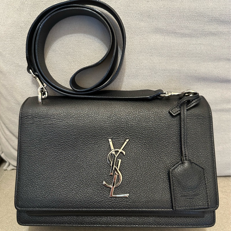 YSL SUNSET MEDIUM 聖羅蘭 黑色銀扣牛皮日落包-1