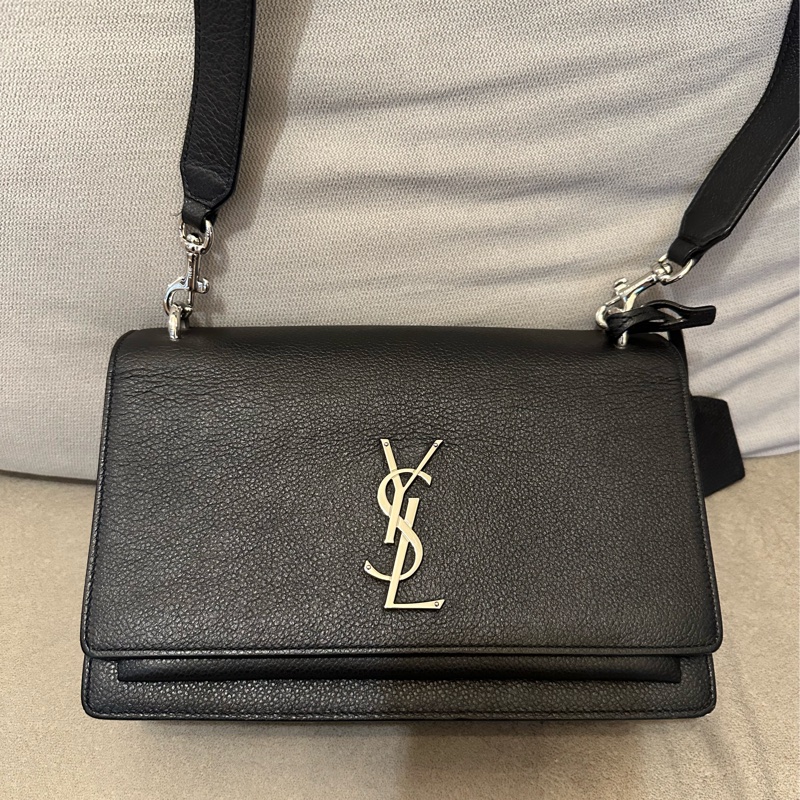 YSL SUNSET MEDIUM 聖羅蘭 黑色銀扣牛皮日落包-7