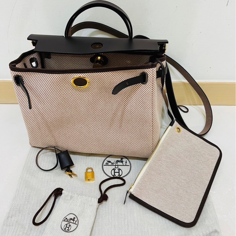 Hermes herbag 31 編織款 烏木金釦拼帆布-2
