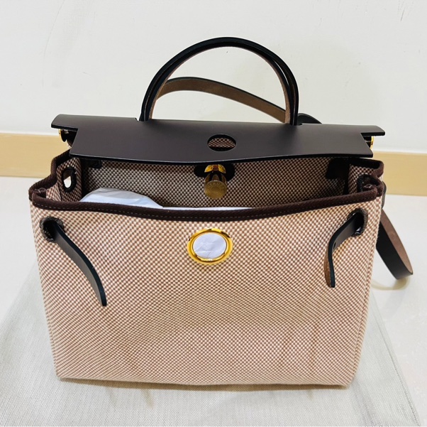 Hermes herbag 31 編織款 烏木金釦拼帆布-5