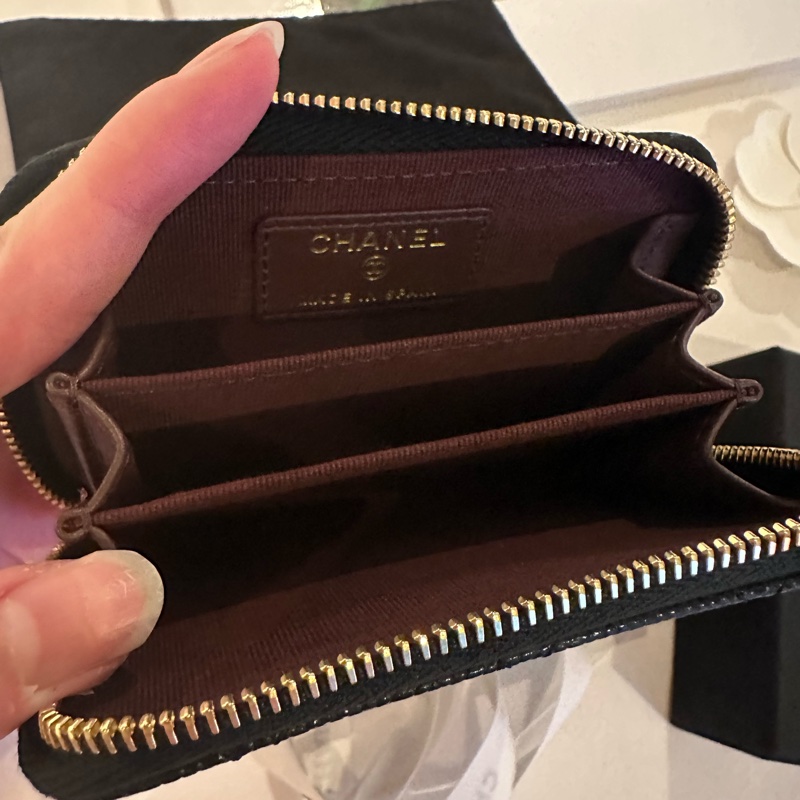 💖Chanel 拉鍊零錢包 黑色金釦 荔枝皮💖 全新全配-2