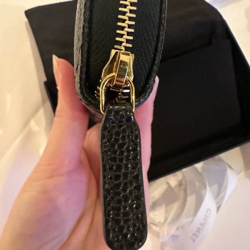 💖Chanel 拉鍊零錢包 黑色金釦 荔枝皮💖 全新全配-4