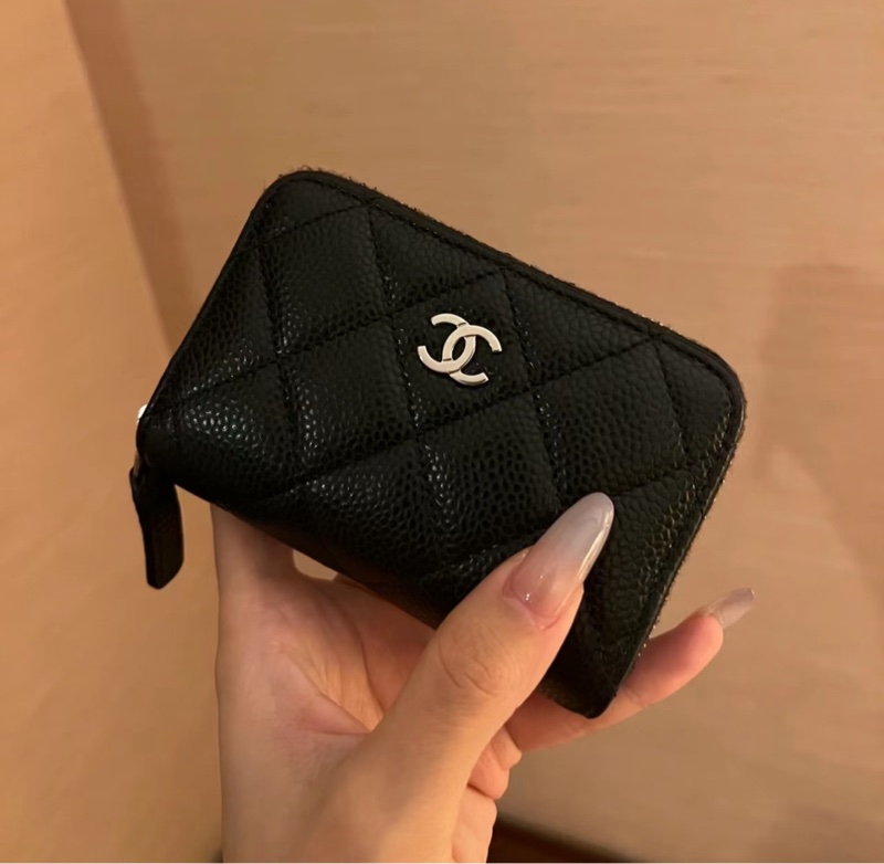 💖Chanel 拉鍊零錢包 黑色金釦 荔枝皮💖 全新全配-7