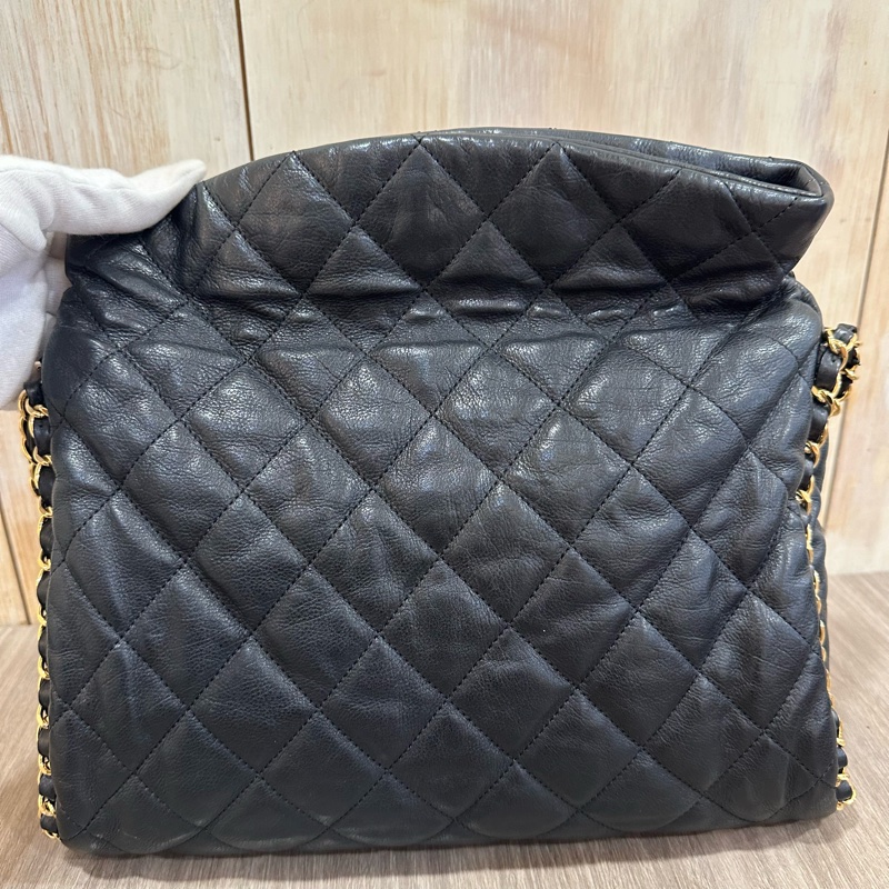 Chanel黑金牛皮皮穿鏈飾邊肩背口蓋包Chain Around-25