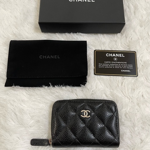 CHANEL荔枝黑銀牛皮零錢包