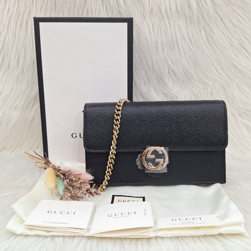 GUCCI 510314 黑 荔枝皮 金鍊 手拿斜背包WOC-0