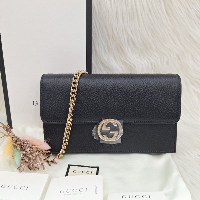 GUCCI 510314 黑 荔枝皮 金鍊 手拿斜背包WOC-1