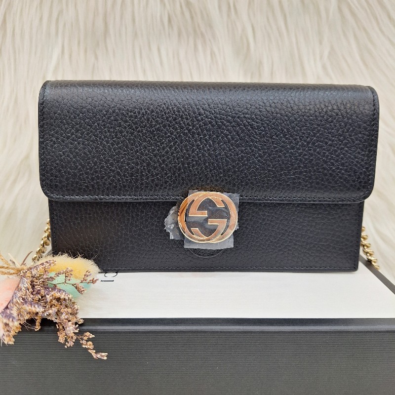 GUCCI 510314 黑 荔枝皮 金鍊 手拿斜背包WOC-2