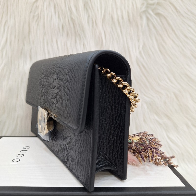 GUCCI 510314 黑 荔枝皮 金鍊 手拿斜背包WOC-5