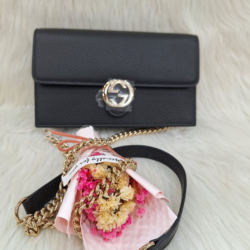 GUCCI 510314 黑 荔枝皮 金鍊 手拿斜背包WOC-19