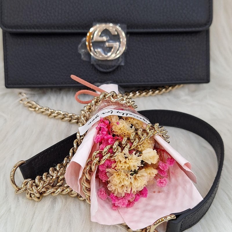 GUCCI 510314 黑 荔枝皮 金鍊 手拿斜背包WOC-20