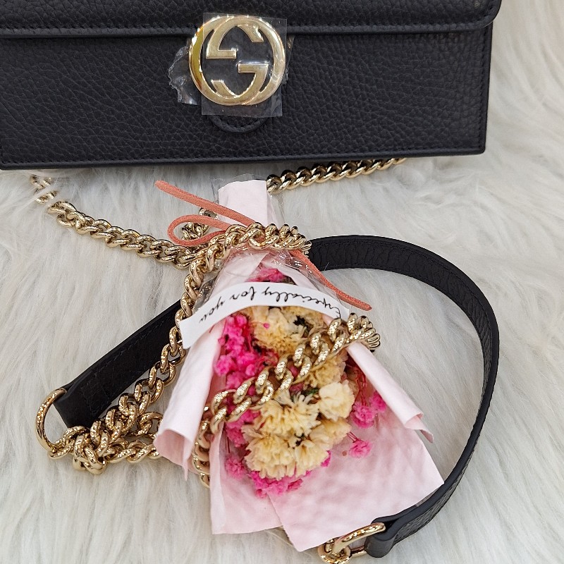 GUCCI 510314 黑 荔枝皮 金鍊 手拿斜背包WOC-21