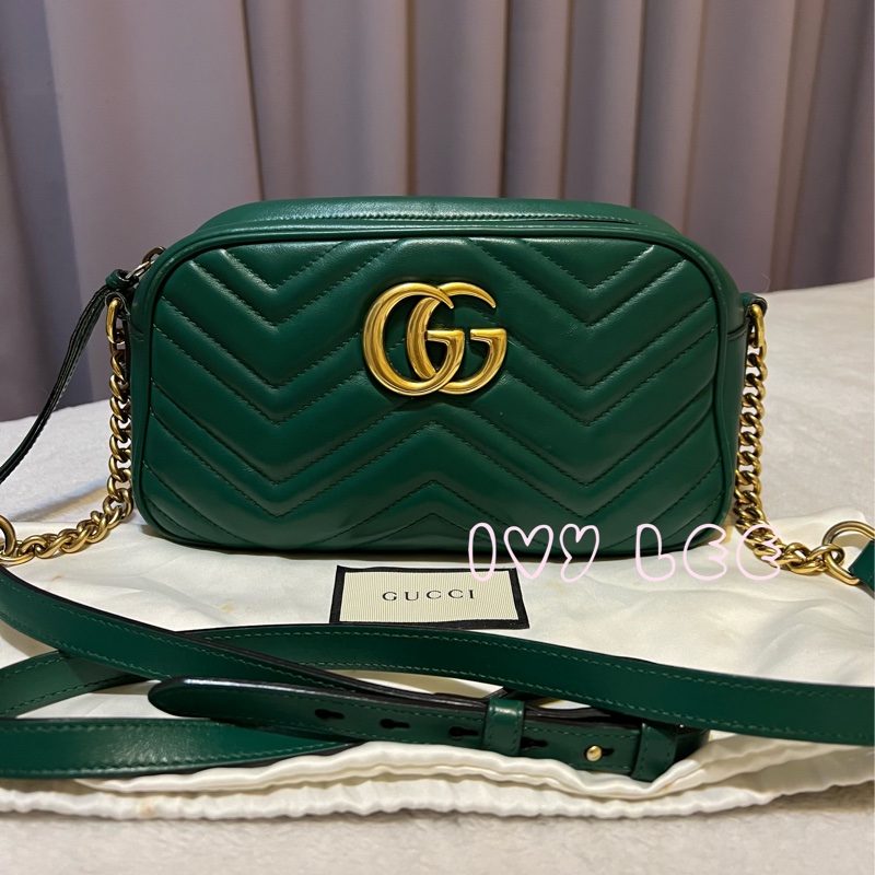 GUCCI GG(已售出)Marmont系列仿舊金色雙G LOGO牛皮山形紋拉鍊肩背包(綠色/447632)肩背包斜背包二手精品-0