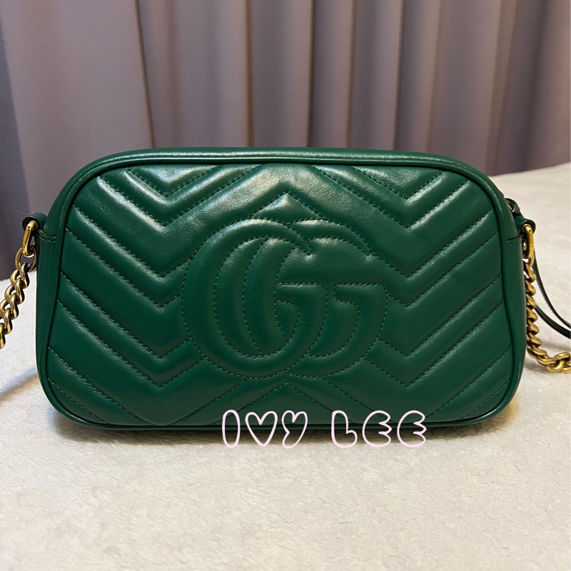 GUCCI GG(已售出)Marmont系列仿舊金色雙G LOGO牛皮山形紋拉鍊肩背包(綠色/447632)肩背包斜背包二手精品-1