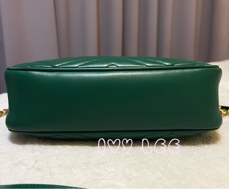 GUCCI GG(已售出)Marmont系列仿舊金色雙G LOGO牛皮山形紋拉鍊肩背包(綠色/447632)肩背包斜背包二手精品-2