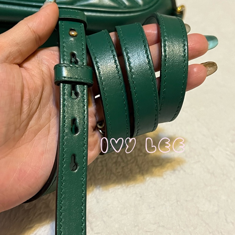 GUCCI GG(已售出)Marmont系列仿舊金色雙G LOGO牛皮山形紋拉鍊肩背包(綠色/447632)肩背包斜背包二手精品-3