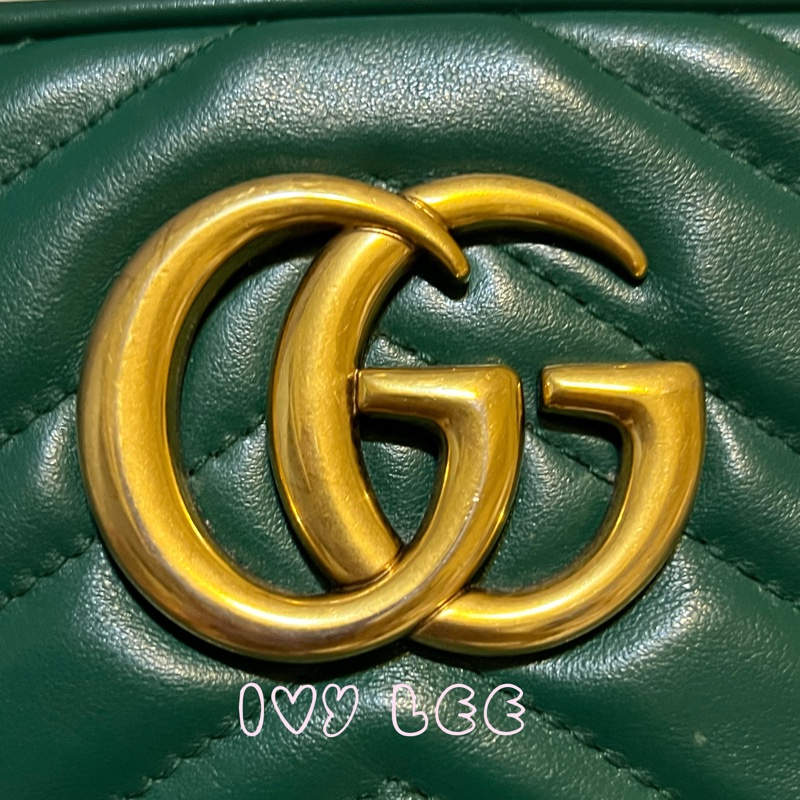 GUCCI GG(已售出)Marmont系列仿舊金色雙G LOGO牛皮山形紋拉鍊肩背包(綠色/447632)肩背包斜背包二手精品-4