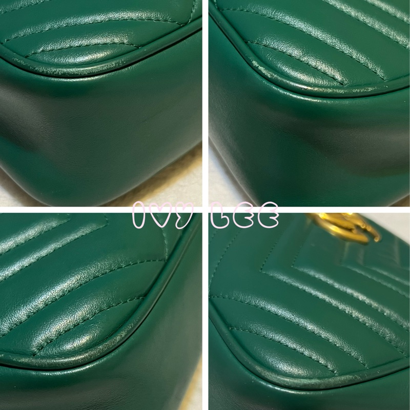 GUCCI GG(已售出)Marmont系列仿舊金色雙G LOGO牛皮山形紋拉鍊肩背包(綠色/447632)肩背包斜背包二手精品-11