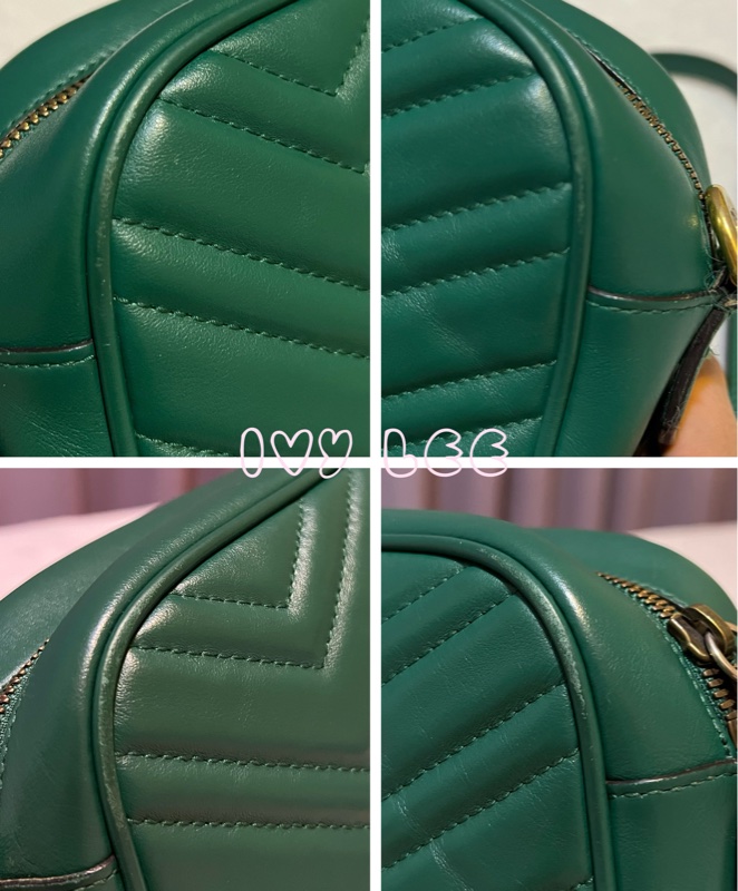 GUCCI GG(已售出)Marmont系列仿舊金色雙G LOGO牛皮山形紋拉鍊肩背包(綠色/447632)肩背包斜背包二手精品-12