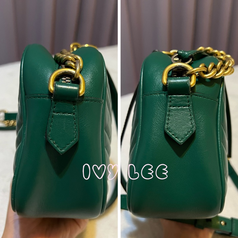 GUCCI GG(已售出)Marmont系列仿舊金色雙G LOGO牛皮山形紋拉鍊肩背包(綠色/447632)肩背包斜背包二手精品-13